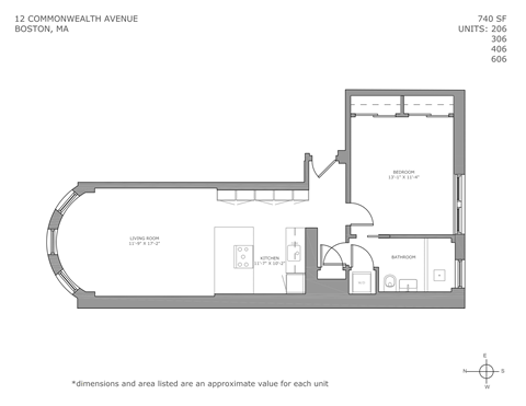 Floor plan for 1 bed, 1 bath, 743 sqft